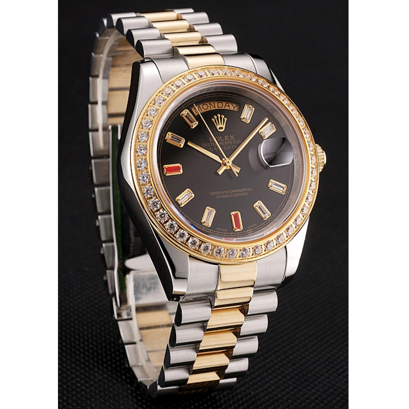 Aaa replica watch Bracelet Diamonds Black Rolex Rubies Swiss And Dial Tone Day-Date 1454105 Two 0728